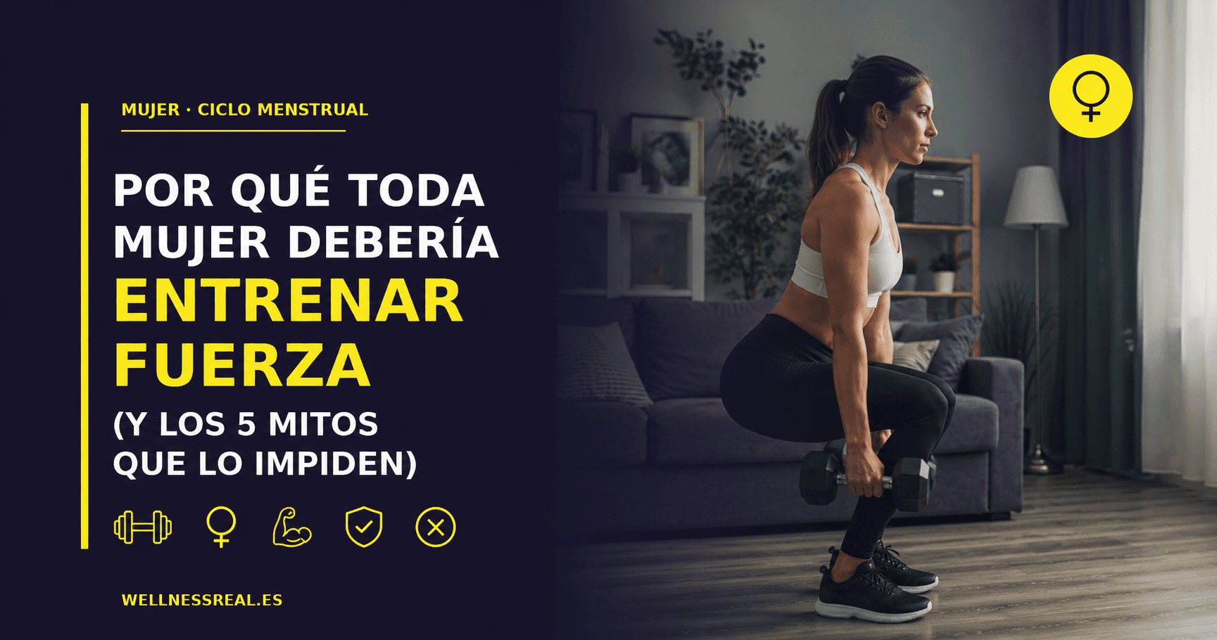 Mujer haciendo sentadilla con mancuerna en el salón de casa