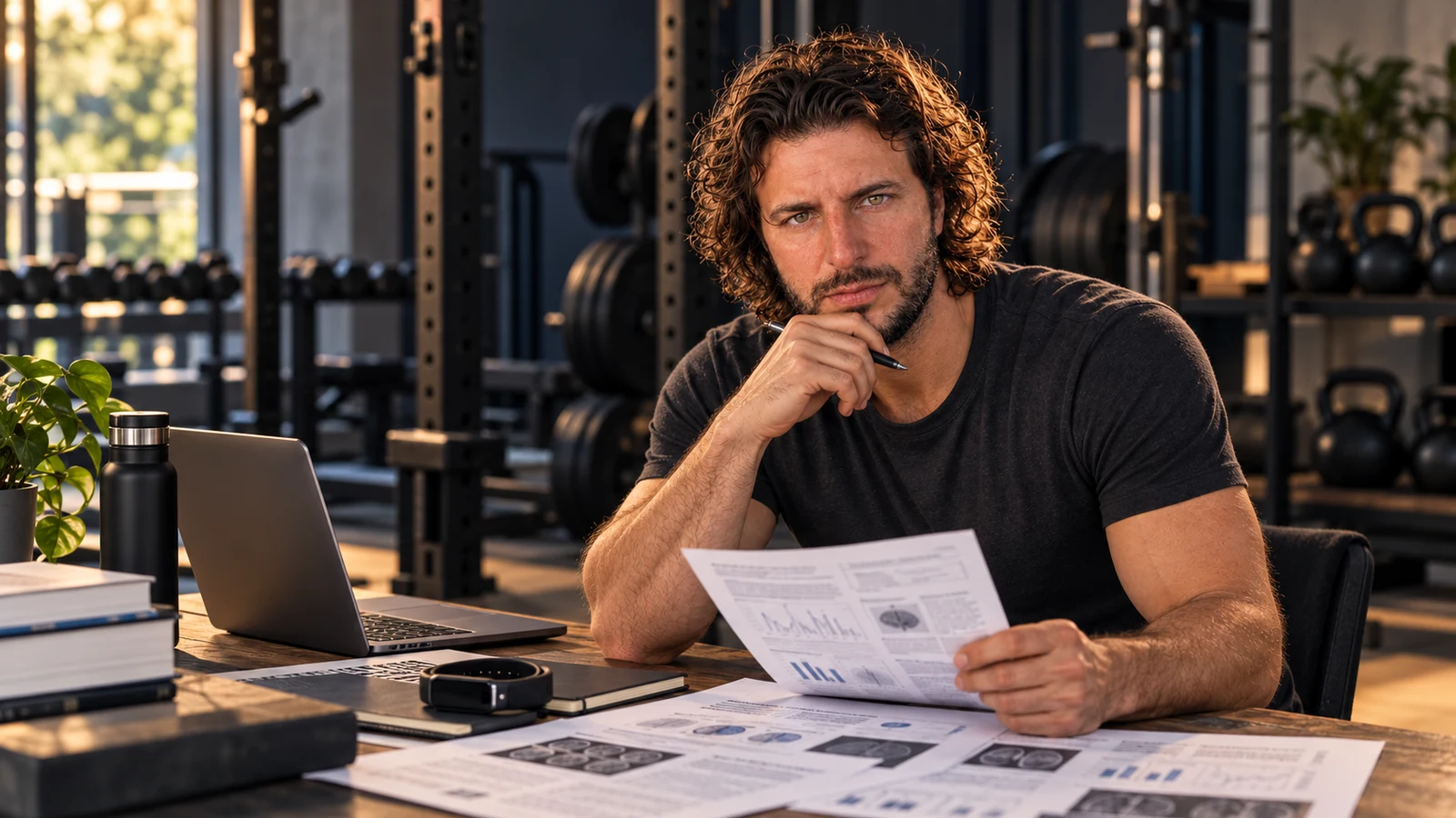 Fernando Royano revisando estudios y datos de entrenamiento en un gimnasio